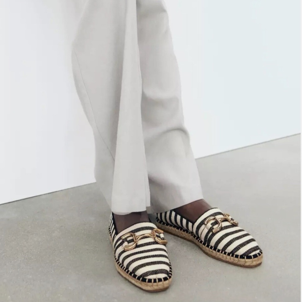 ZARA BLACK AND WHITE STRIPED EMBELLISHED ESPADRILLES
